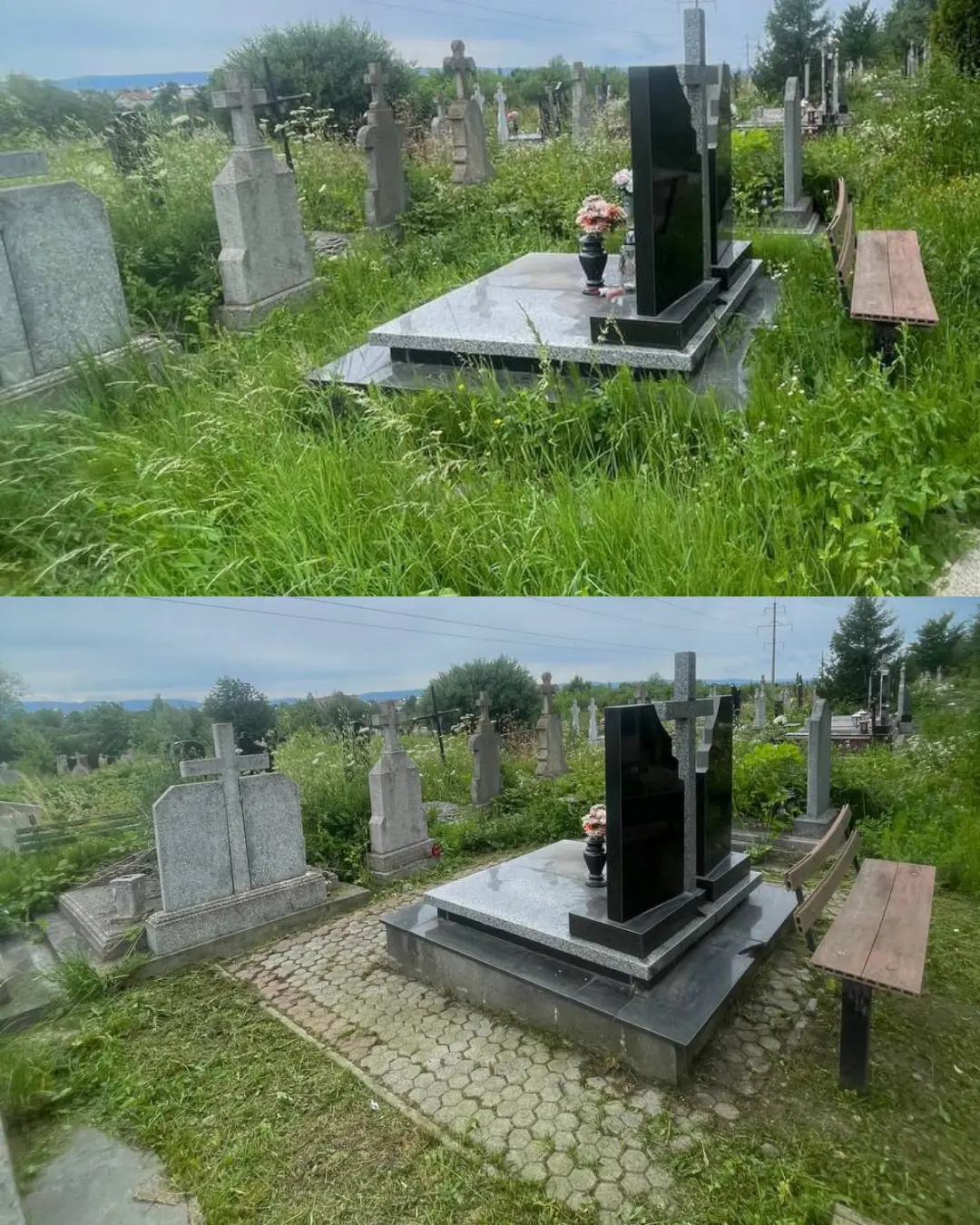 Догляд за могилою до і після — викошена трава довкола пам'ятника, Дрогобицький район