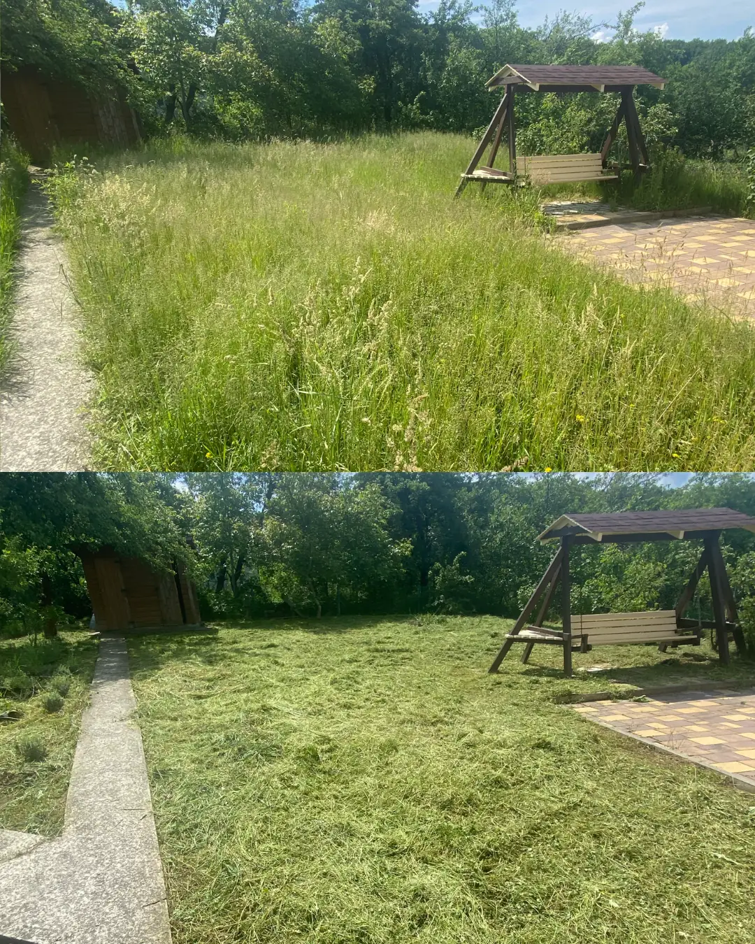 Косіння трави у дворі до і після — приватна ділянка з гойдалкою, Дрогобич